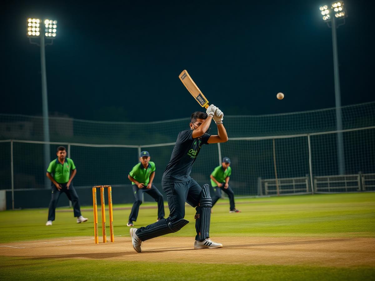 Pakistani players enjoying night cricket on a turf ground