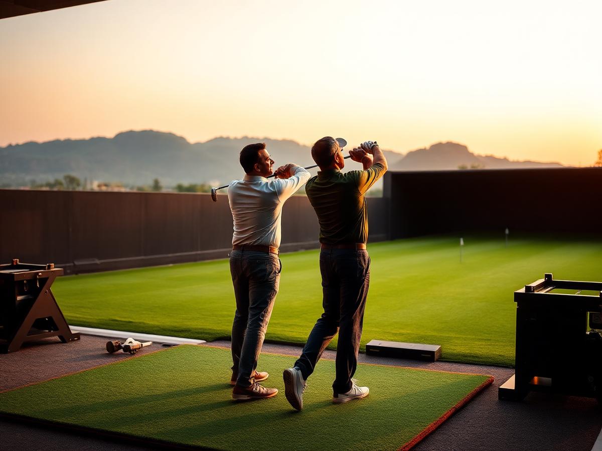 Pakistani golfers practicing at a driving range