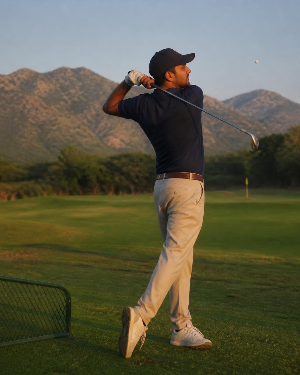 Pakistani golfers practicing at a driving range