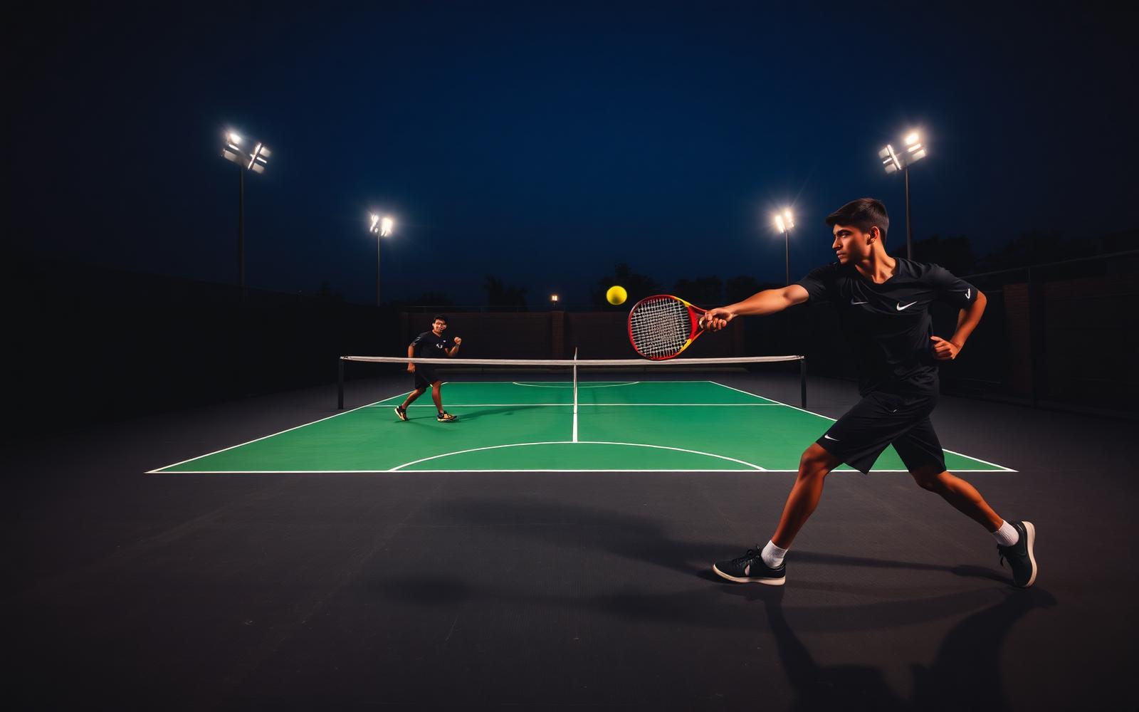 Pakistani padel players on a floodlit Just Play court