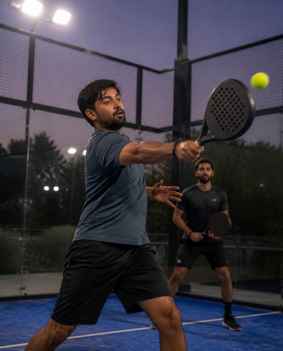 Pakistani friends playing padel on an outdoor court