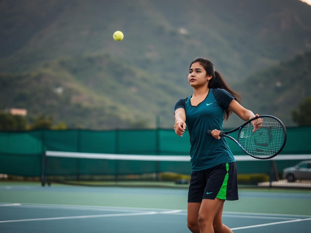 Pakistani tennis player serving on an outdoor court